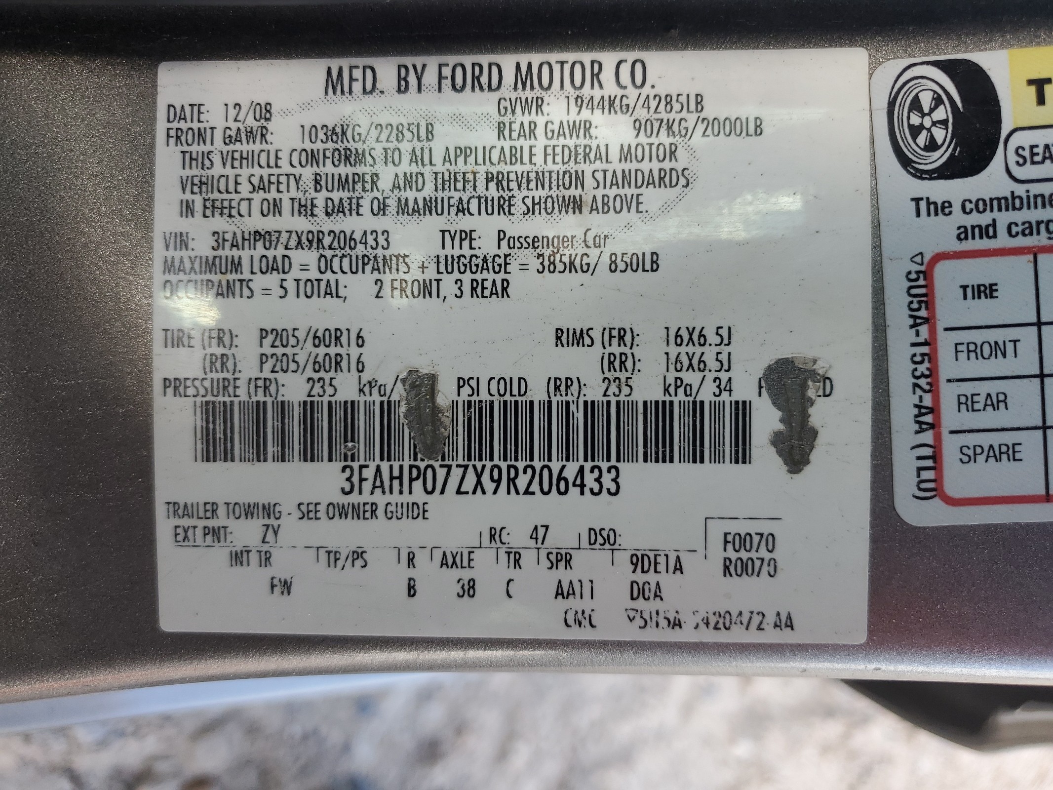 3FAHP07ZX9R206433 2009 Ford Fusion Se