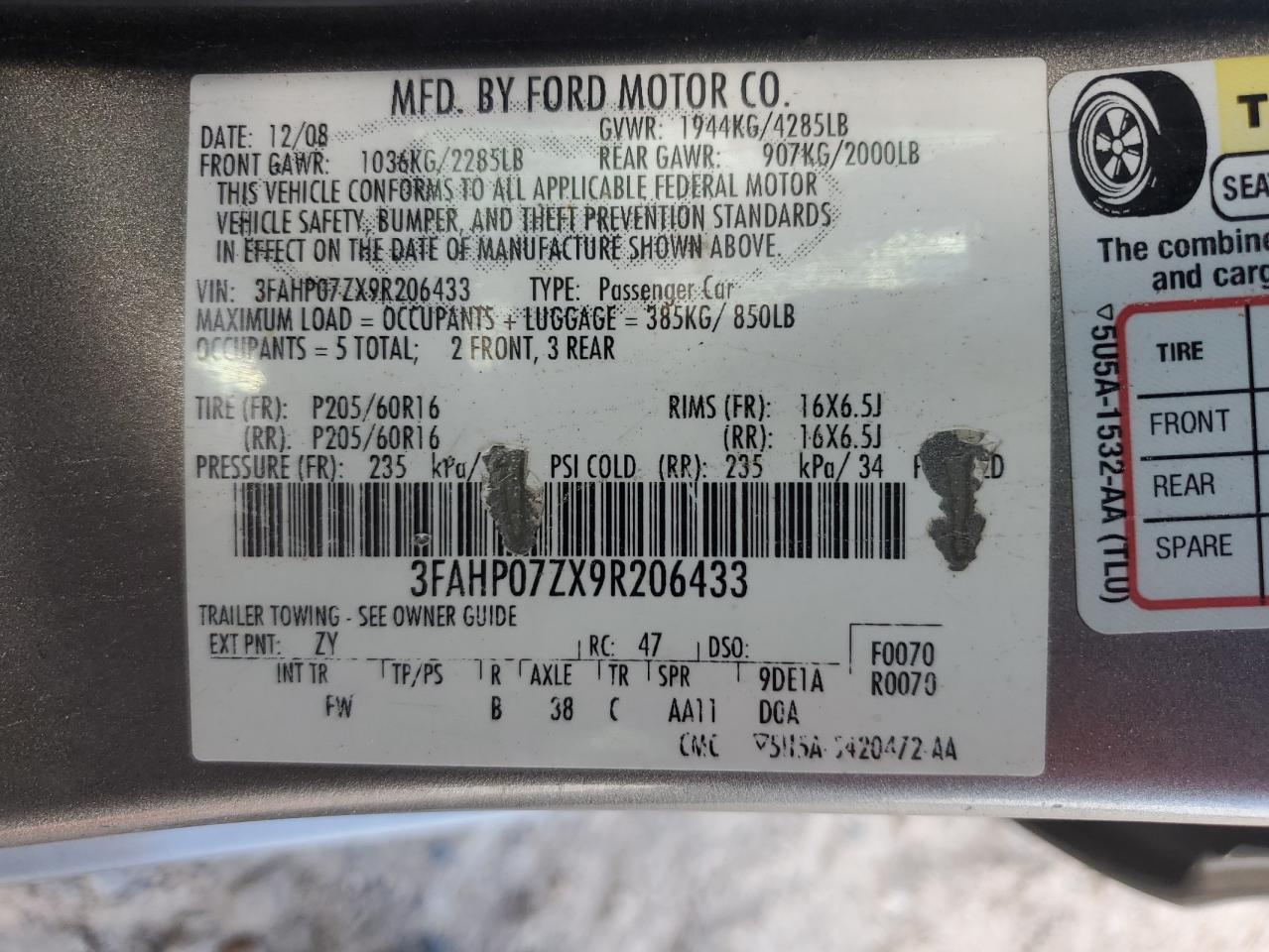 2009 Ford Fusion Se VIN: 3FAHP07ZX9R206433 Lot: 62863124