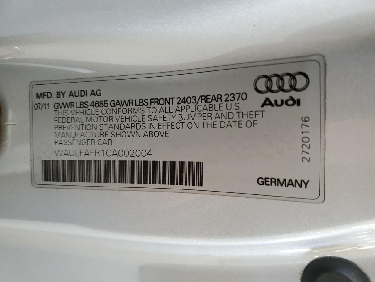 2012 Audi A5 Premium Plus VIN: WAULFAFR1CA002004 Lot: 64111094