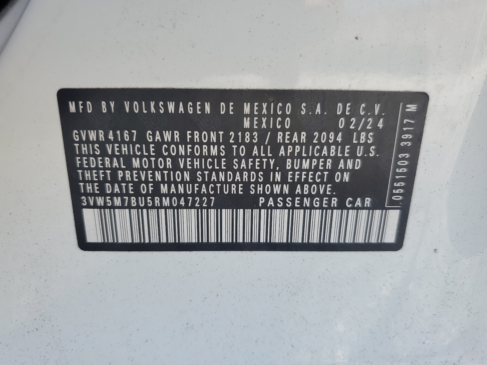 2024 Volkswagen Jetta S vin: 3VW5M7BU5RM047227