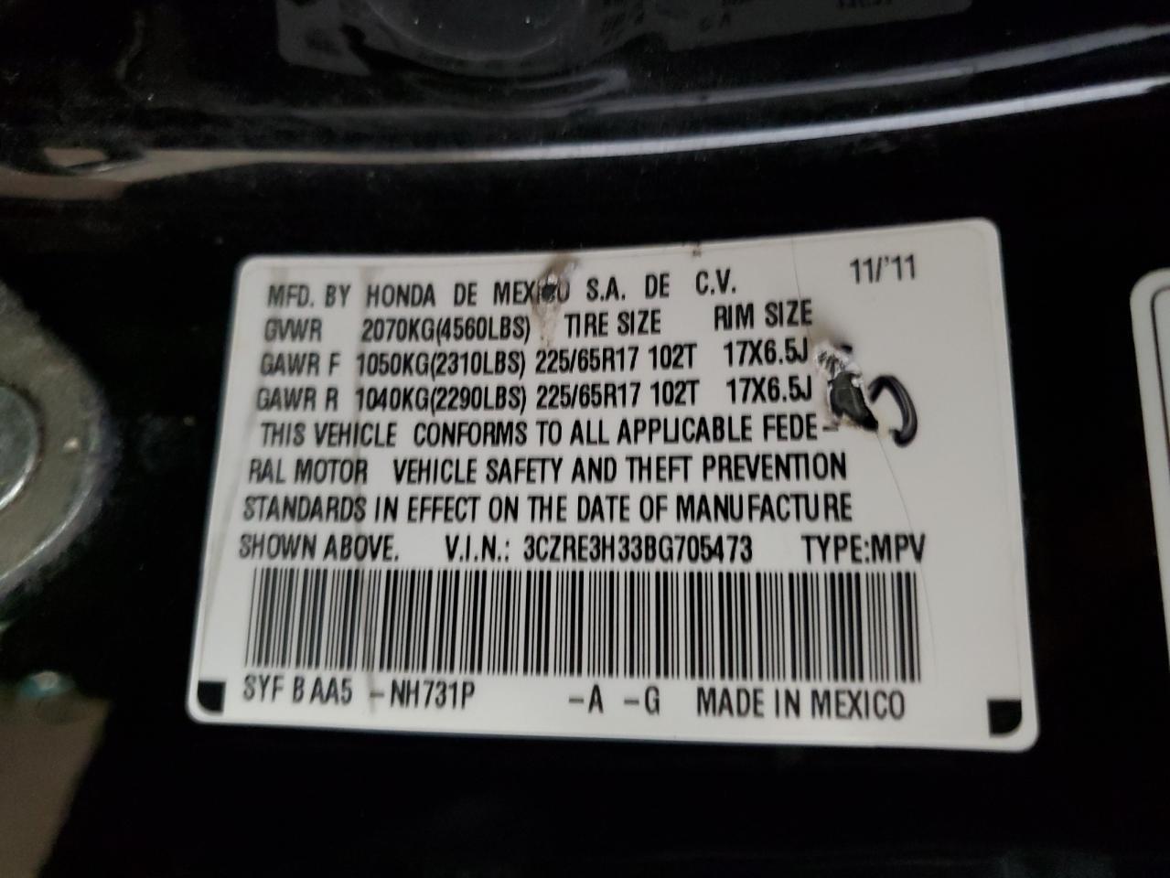 2011 Honda Cr-V Lx VIN: 3CZRE3H33BG705473 Lot: 62073154