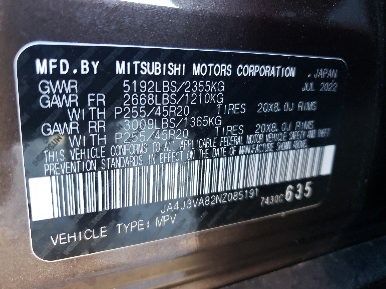 JA4J3VA82NZ085191 2022 Mitsubishi Outlander Sel