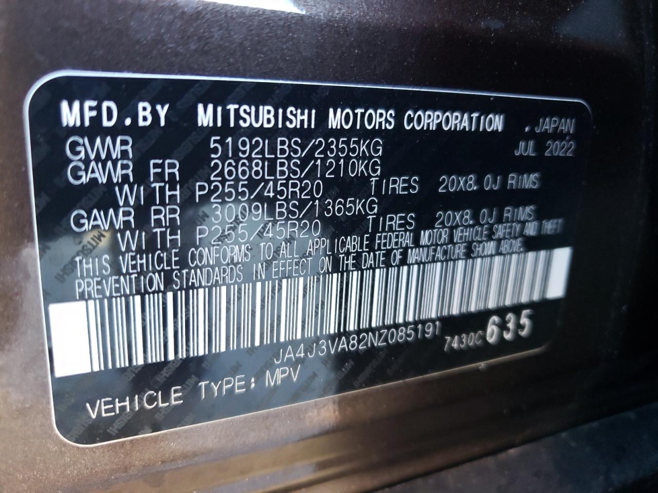 2022 Mitsubishi Outlander Sel VIN: JA4J3VA82NZ085191 Lot: 63931944