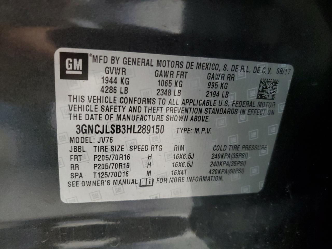 2017 Chevrolet Trax 1Lt VIN: 3GNCJLSB3HL289150 Lot: 64828124