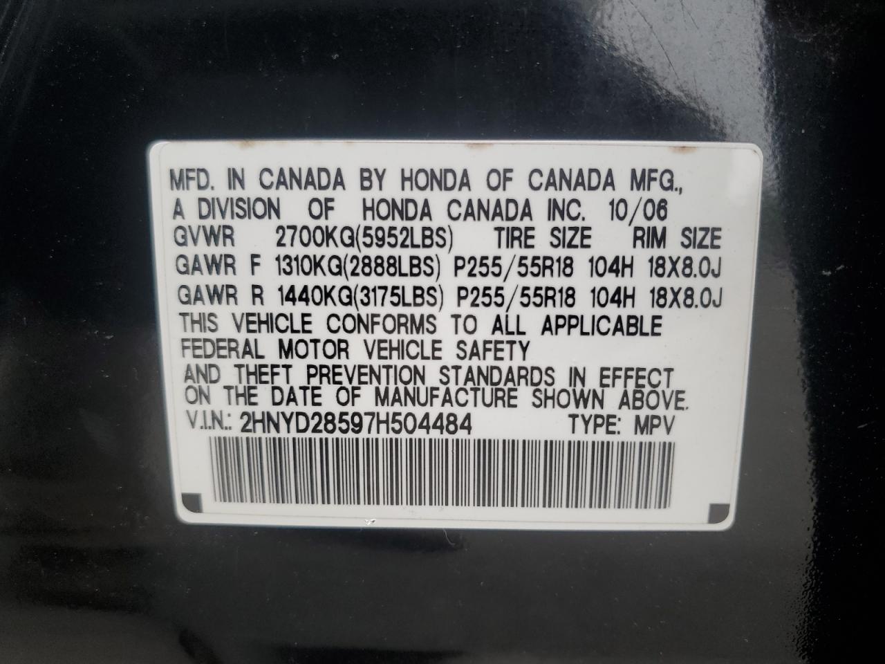 2007 Acura Mdx Sport VIN: 2HNYD28597H504484 Lot: 63793984