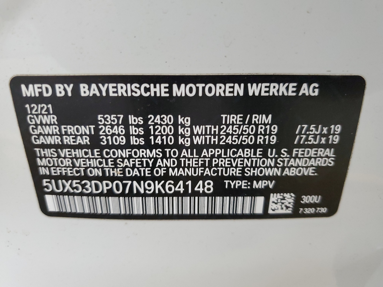 5UX53DP07N9K64148 2022 BMW X3 xDrive30I
