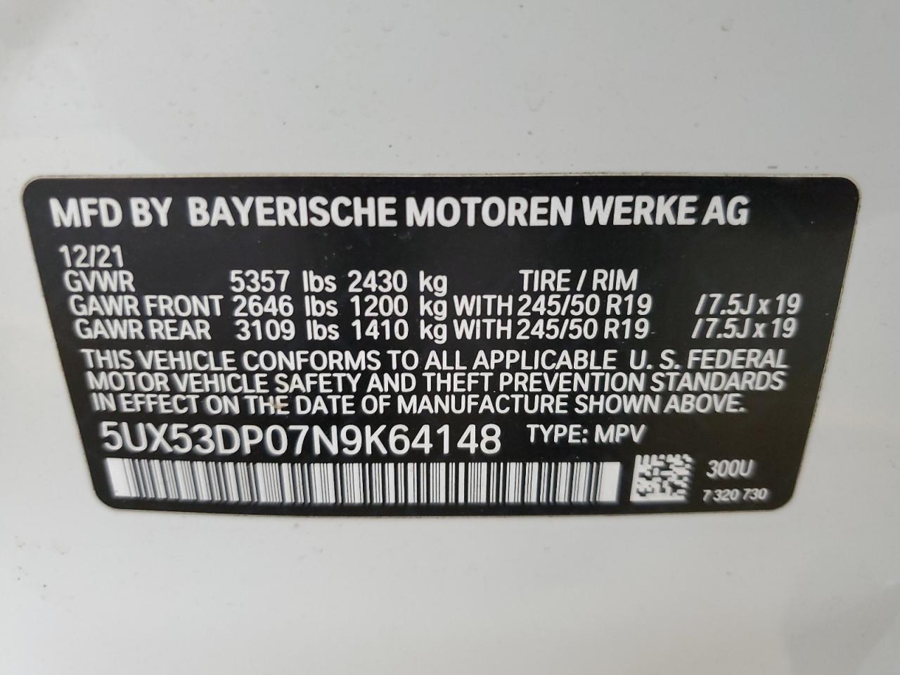 2022 BMW X3 xDrive30I VIN: 5UX53DP07N9K64148 Lot: 62837864