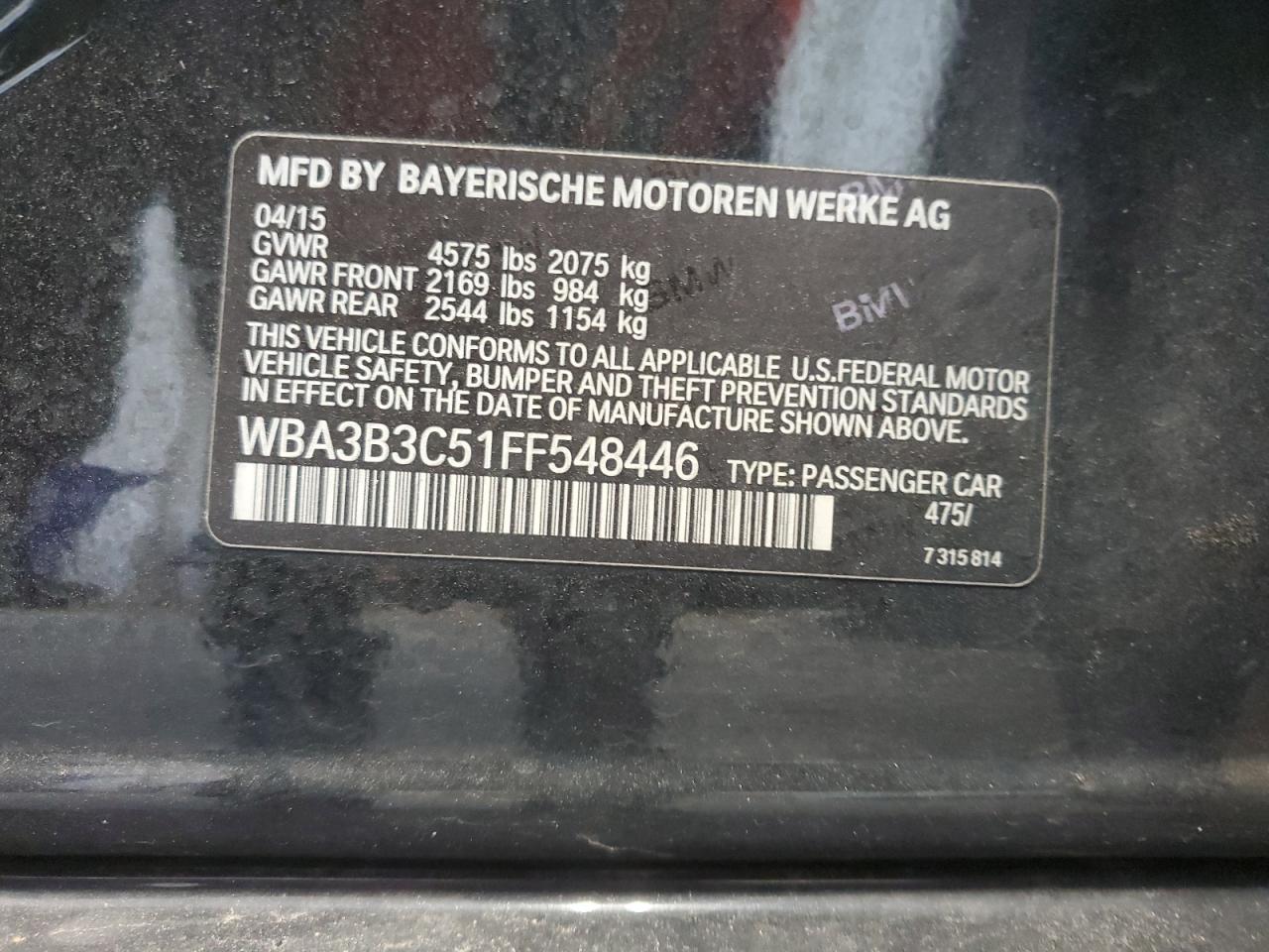 2015 BMW 328 Xi VIN: WBA3B3C51FF548446 Lot: 61309494