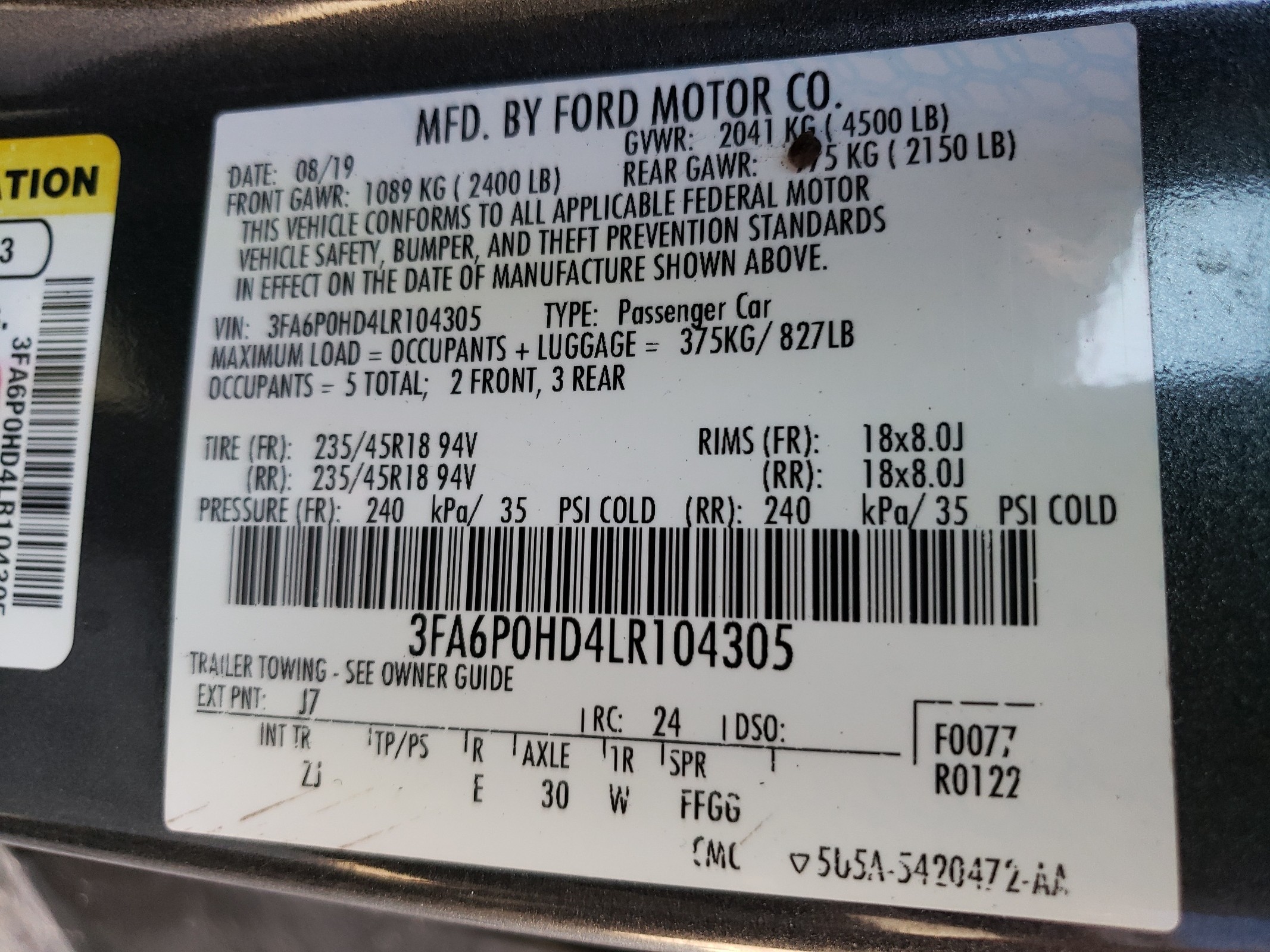 3FA6P0HD4LR104305 2020 Ford Fusion Se