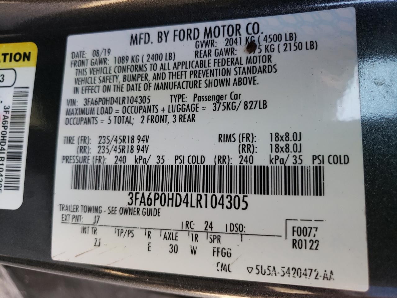 2020 Ford Fusion Se VIN: 3FA6P0HD4LR104305 Lot: 63861074