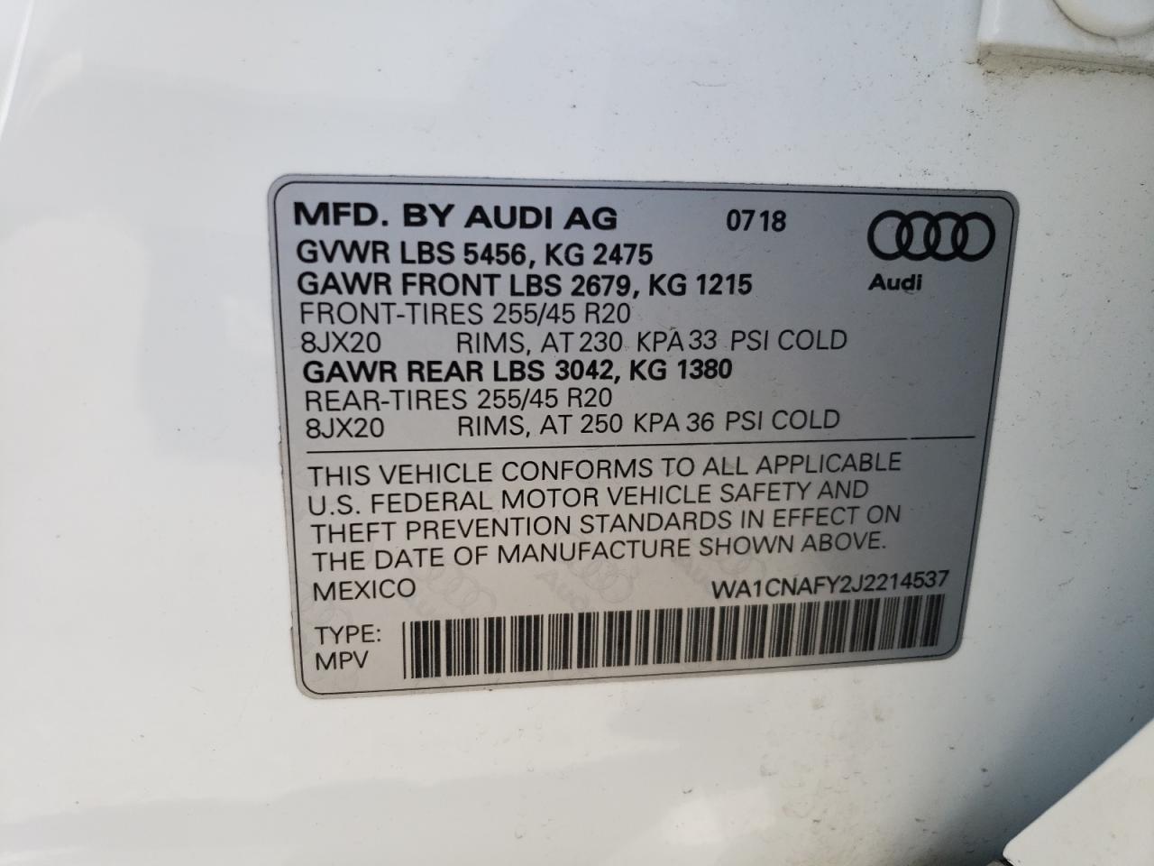 2018 Audi Q5 Prestige VIN: WA1CNAFY2J2214537 Lot: 63094394