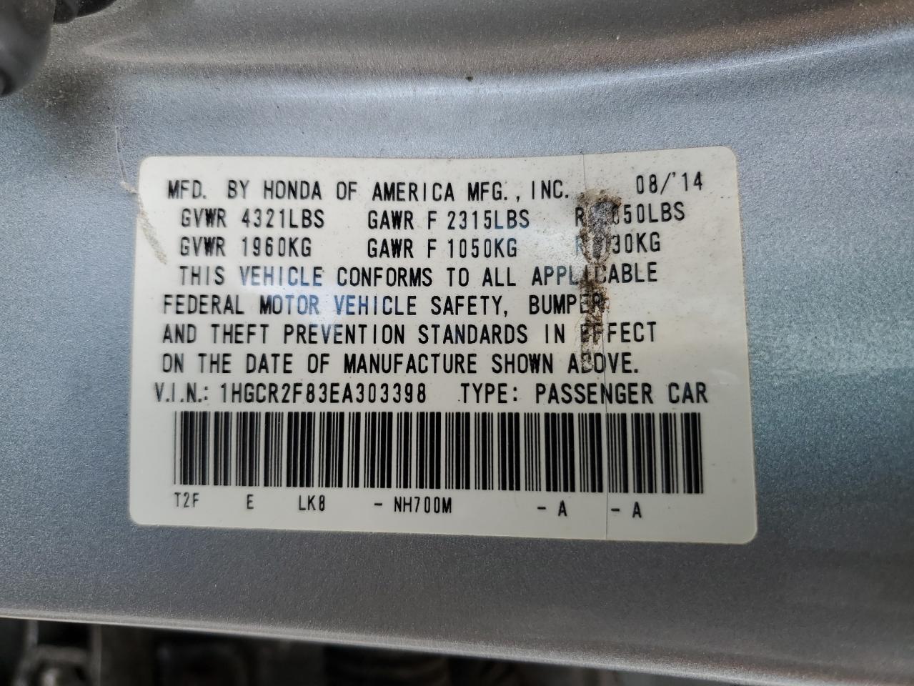 1HGCR2F83EA303398 2014 Honda Accord Exl