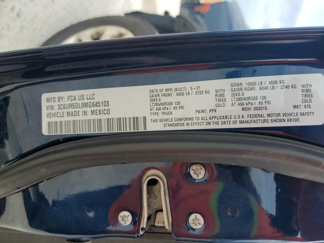 2021 Ram 2500 Big Horn VIN: 3C6UR5DL9MG645103 Lot: 64860744