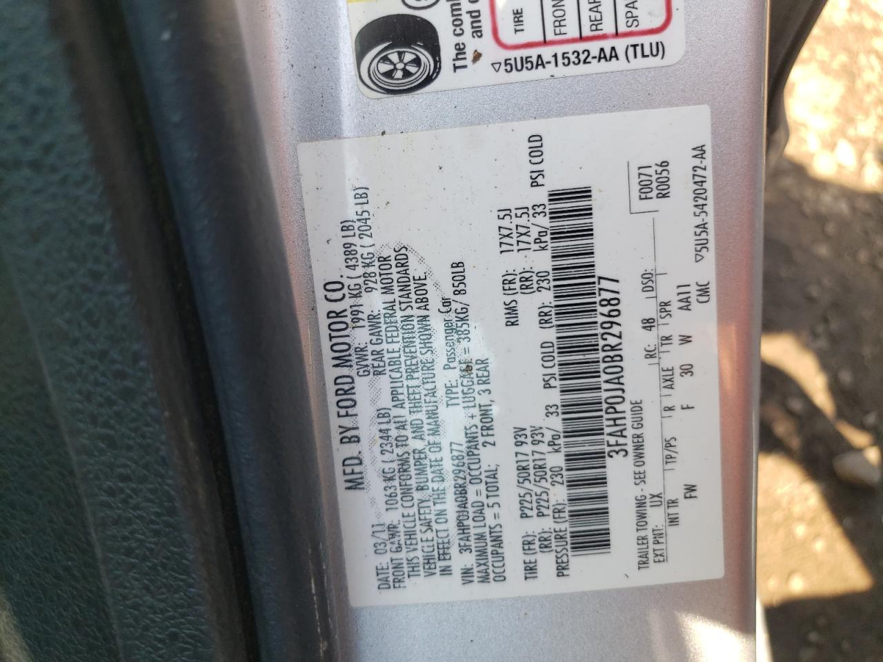 2011 Ford Fusion Sel VIN: 3FAHP0JA0BR296877 Lot: 63414334