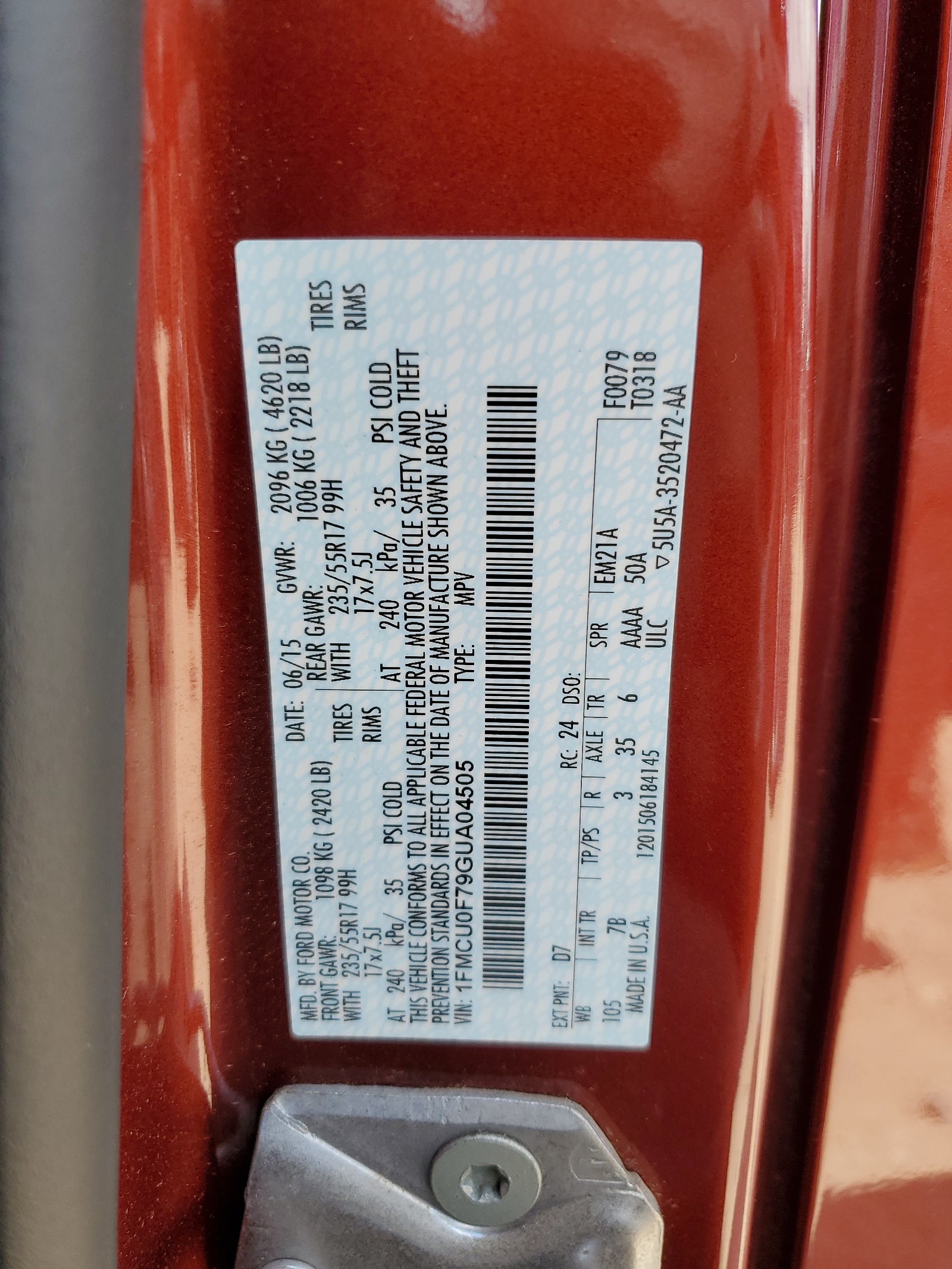 1FMCU0F79GUA04505 2016 Ford Escape S