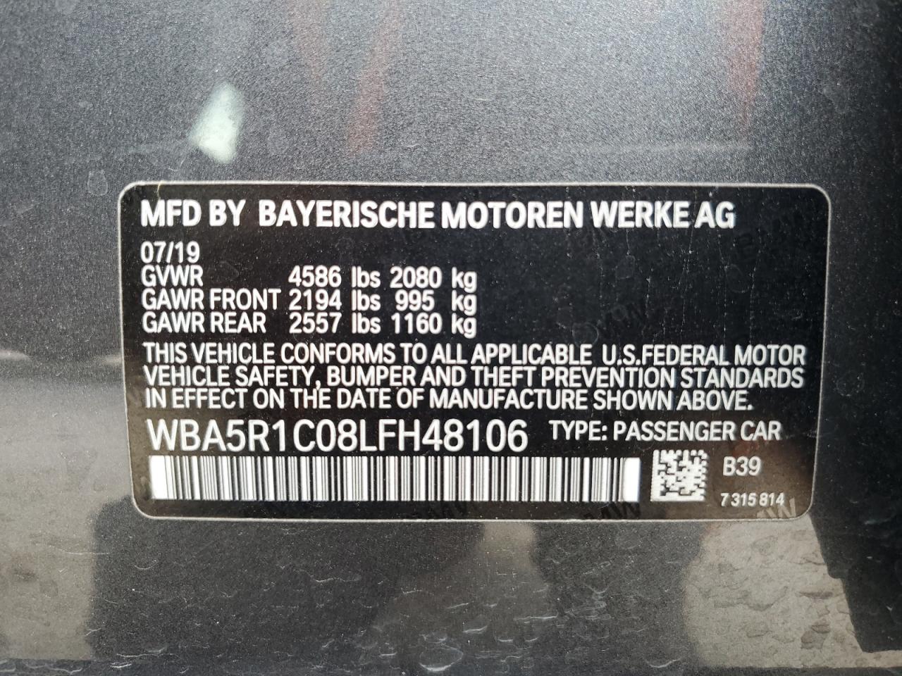 2020 BMW 330I VIN: WBA5R1C08LFH48106 Lot: 64381004