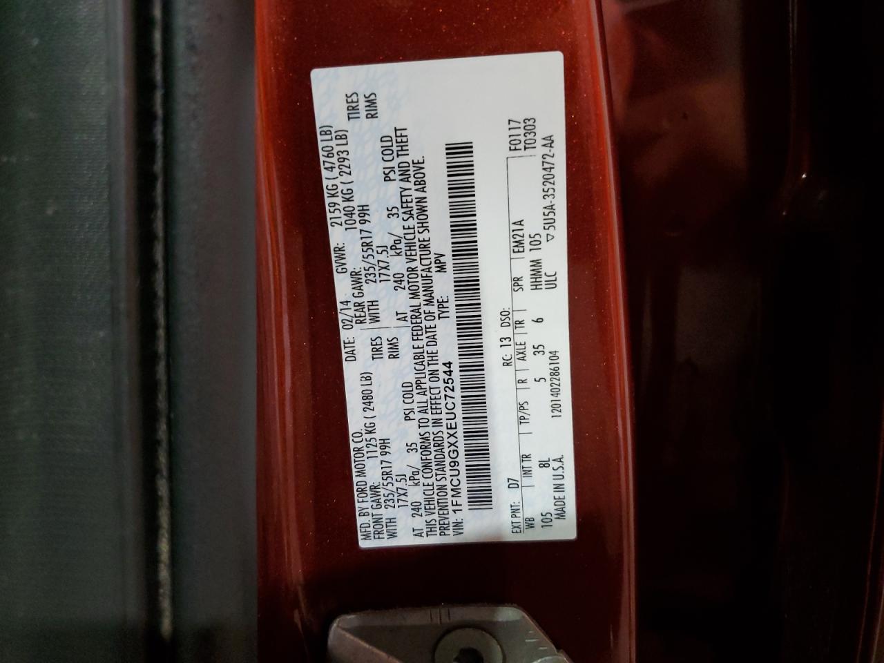 2014 Ford Escape Se VIN: 1FMCU9GXXEUC72544 Lot: 63989994