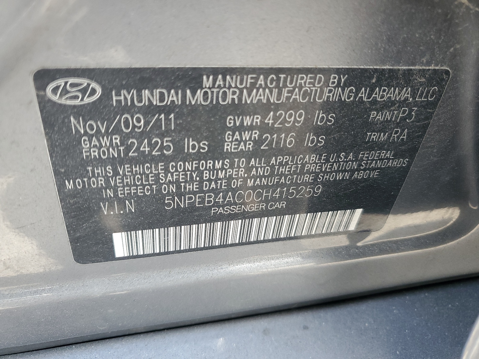 2012 Hyundai Sonata Gls vin: 5NPEB4AC0CH415259