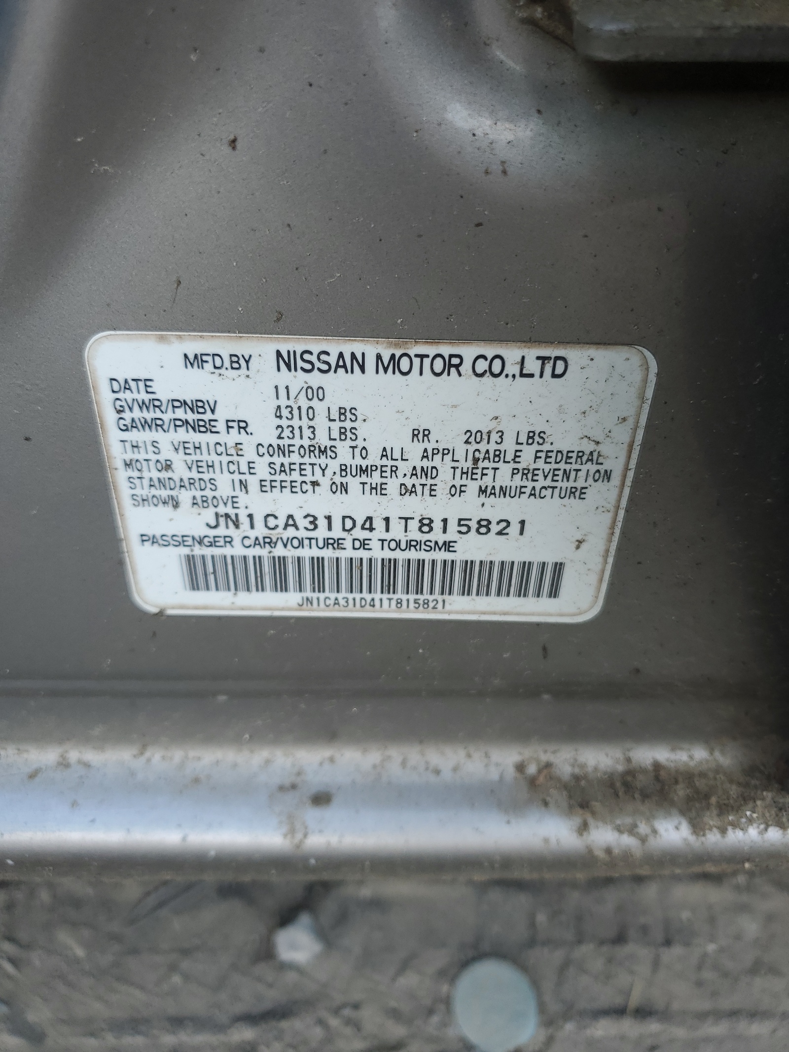 JN1CA31D41T815821 2001 Nissan Maxima Gxe