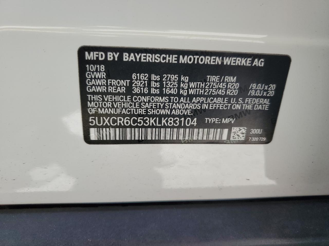 2019 BMW X5 xDrive40I VIN: 5UXCR6C53KLK83104 Lot: 64566434