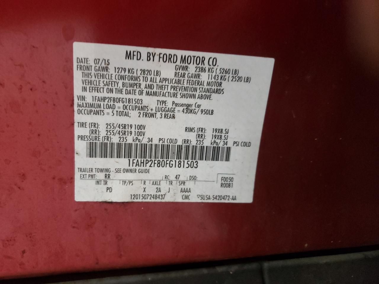 2015 Ford Taurus Limited VIN: 1FAHP2F80FG181503 Lot: 63866174