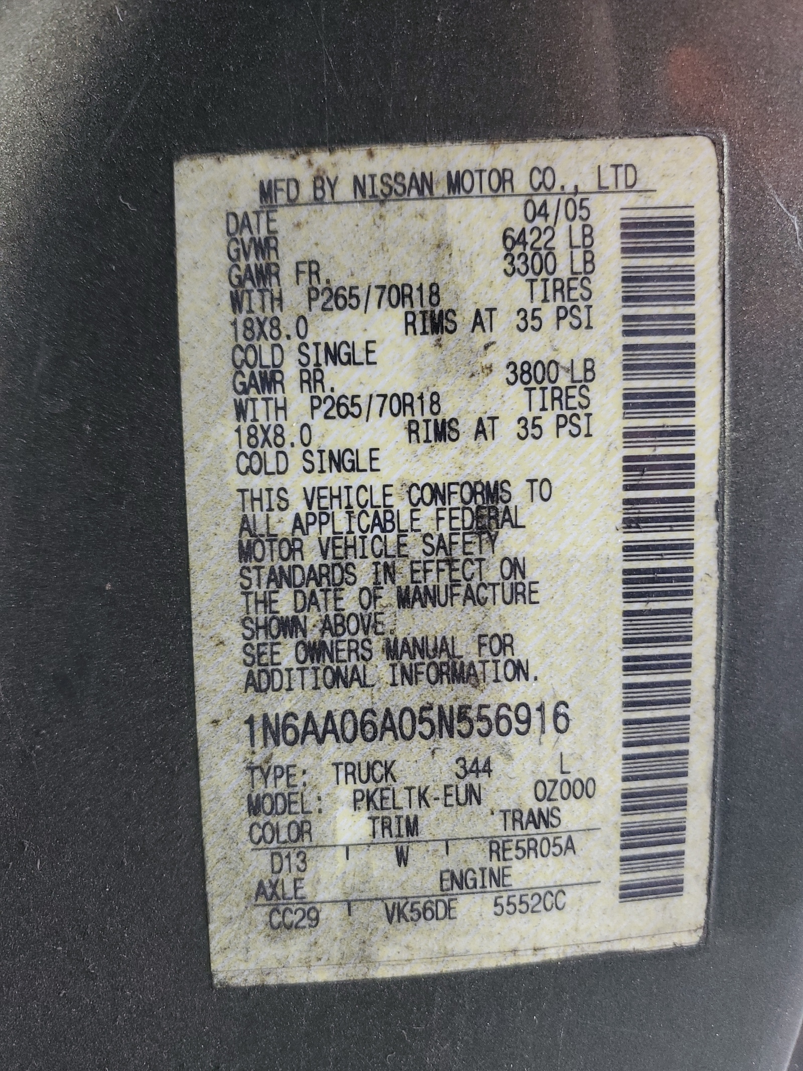 1N6AA06A05N556916 2005 Nissan Titan Xe