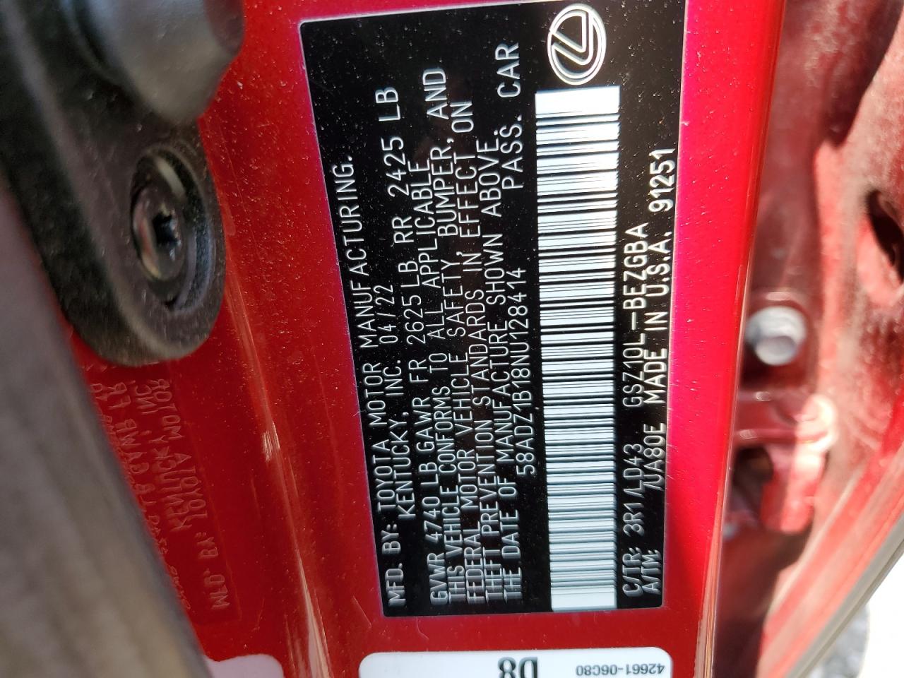 2022 Lexus Es 350 Base VIN: 58ADZ1B18NU128414 Lot: 63875994