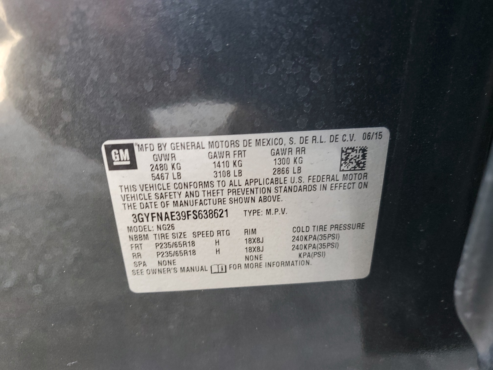 3GYFNAE39FS638621 2015 Cadillac Srx