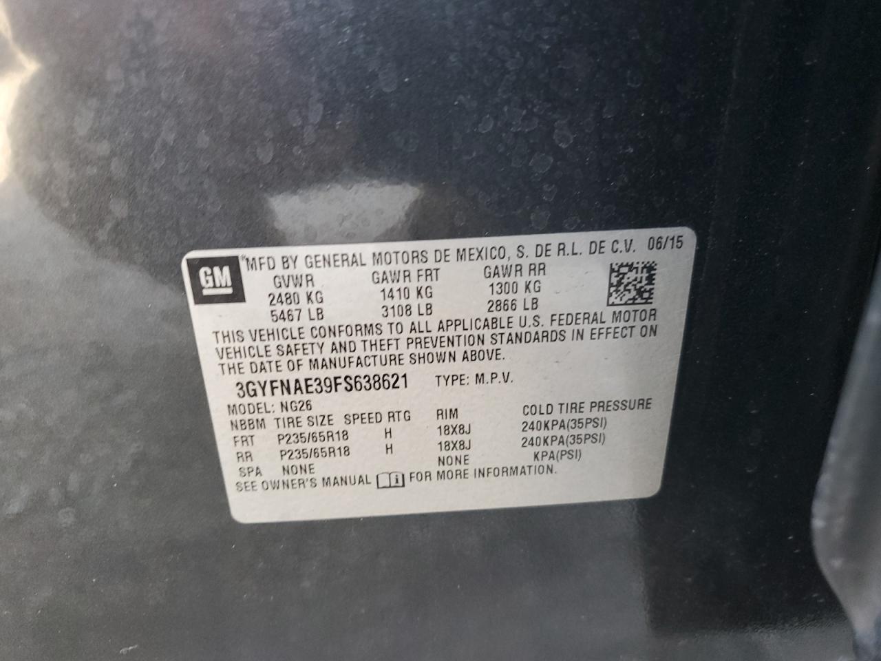 2015 Cadillac Srx VIN: 3GYFNAE39FS638621 Lot: 63809534