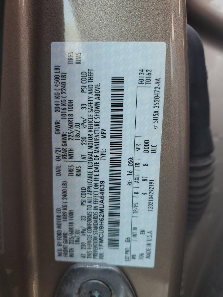 2021 Ford Escape Sel VIN: 1FMCU9H62MUA64839 Lot: 64024644