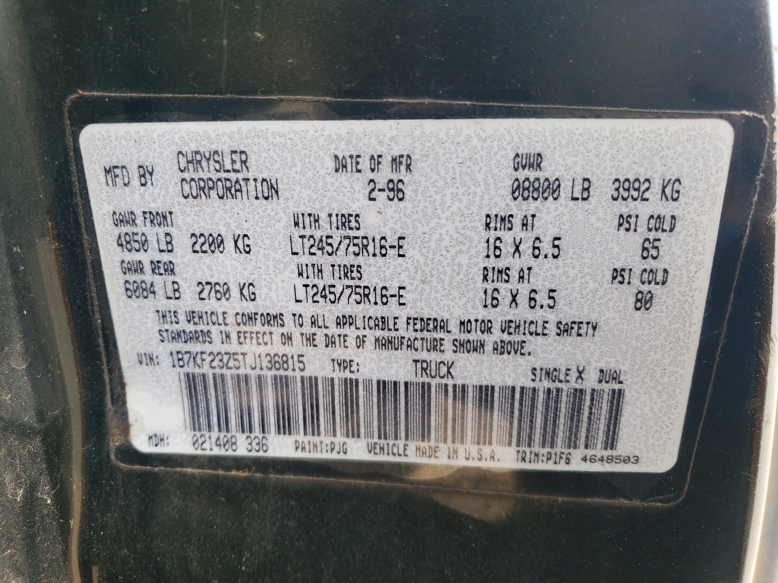 1B7KF23Z5TJ136815 1996 Dodge Ram 2500