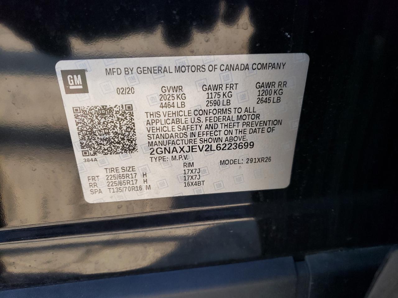 2020 Chevrolet Equinox Lt VIN: 2GNAXJEV2L6223699 Lot: 62933584