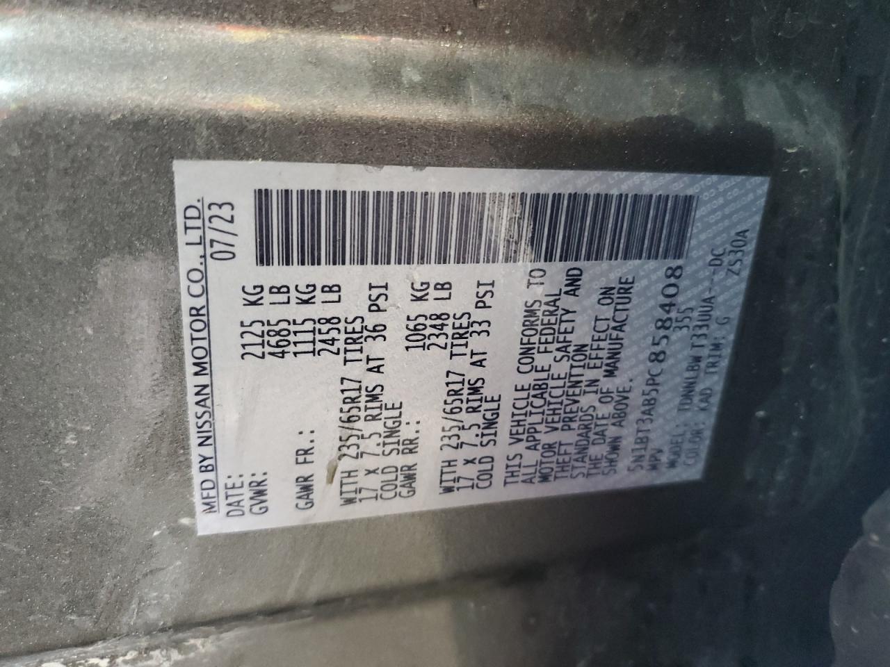 2023 Nissan Rogue S VIN: 5N1BT3AB5PC858408 Lot: 64106264