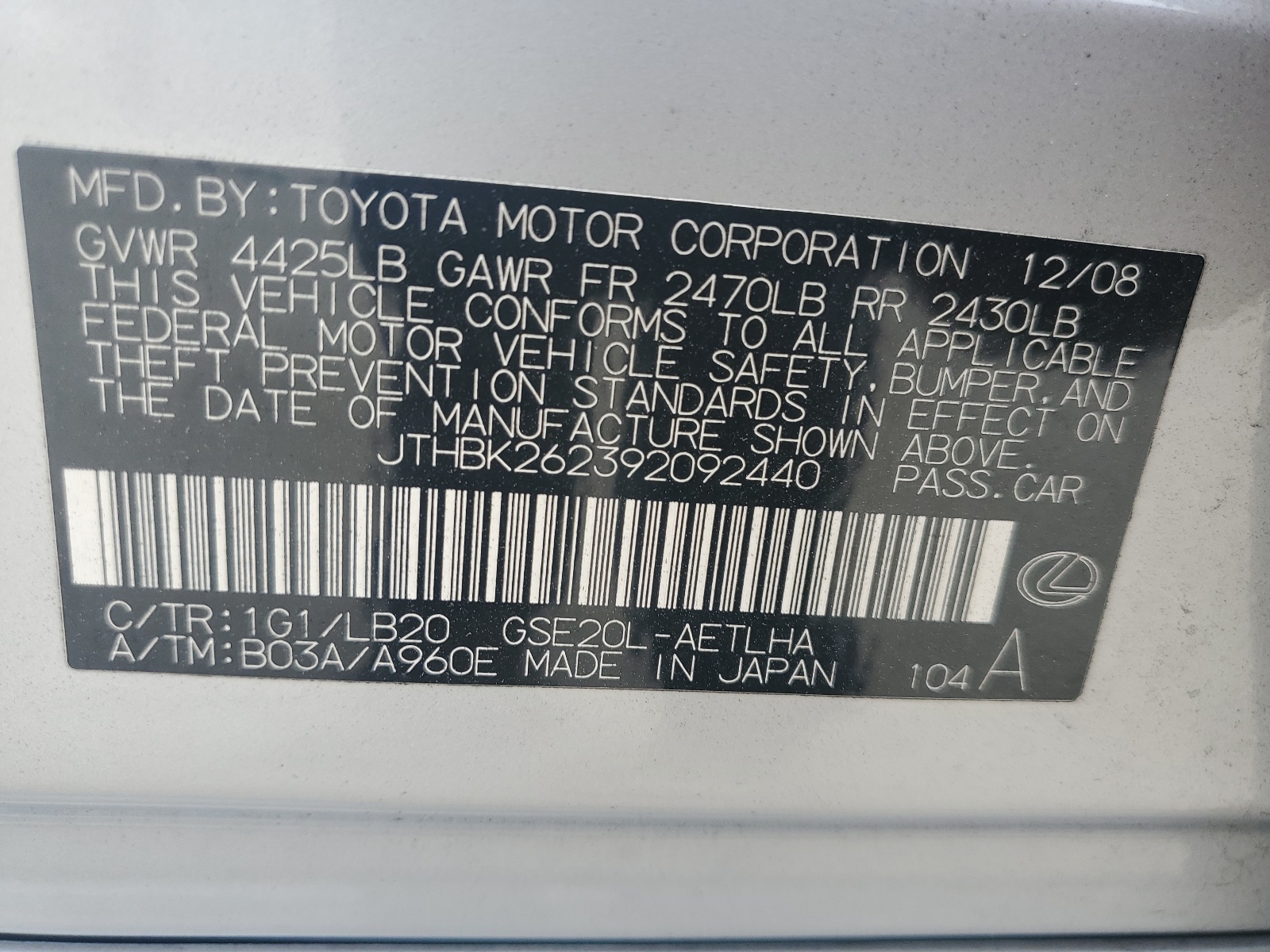 JTHBK262392092440 2009 Lexus Is 250