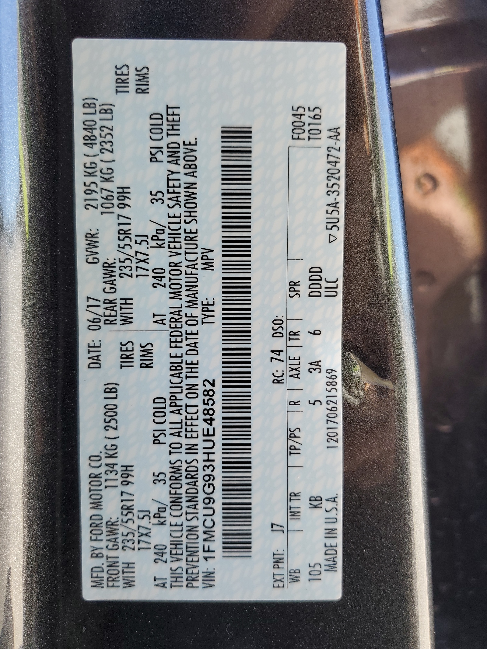 1FMCU9G93HUE48582 2017 Ford Escape Se