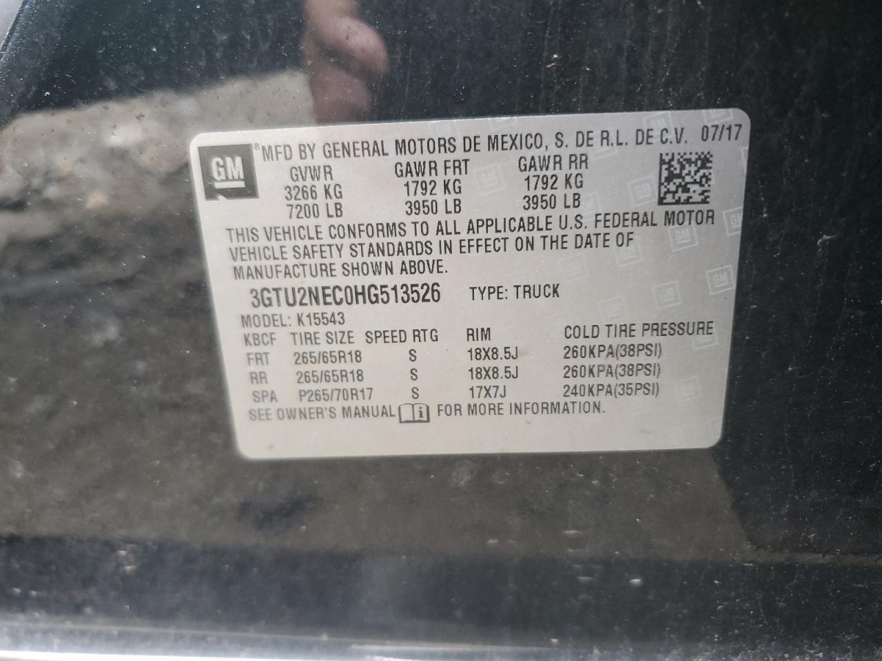 2017 GMC Sierra K1500 Slt VIN: 3GTU2NEC0HG513526 Lot: 61825774