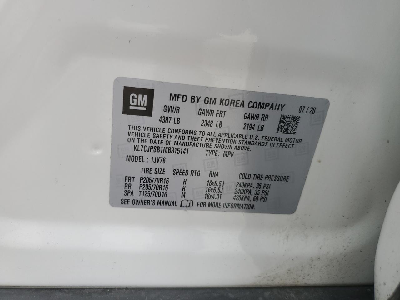 2021 Chevrolet Trax 1Lt VIN: KL7CJPSB1MB315141 Lot: 65062804