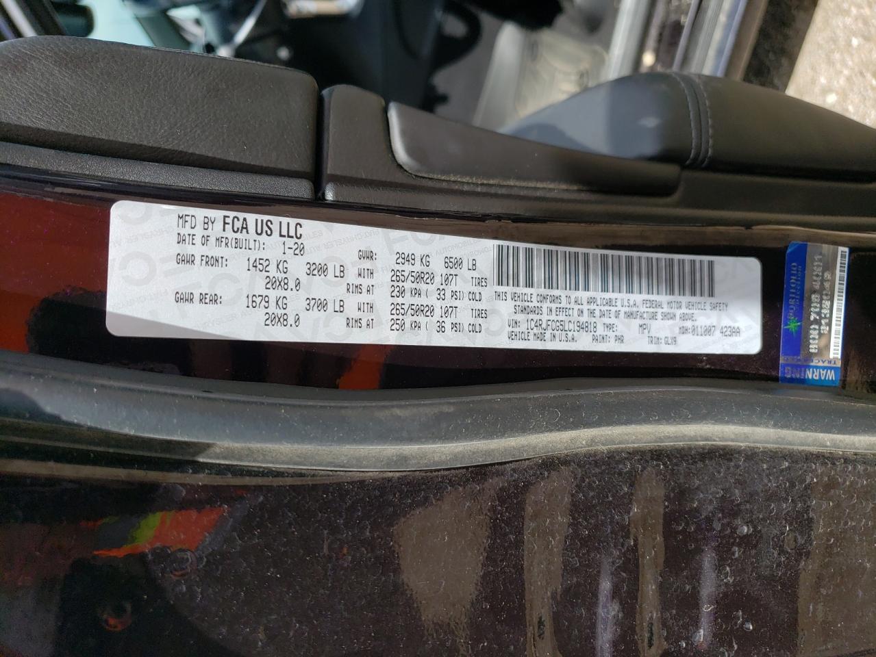 2020 Jeep Grand Cherokee Overland VIN: 1C4RJFCG5LC194818 Lot: 61219404