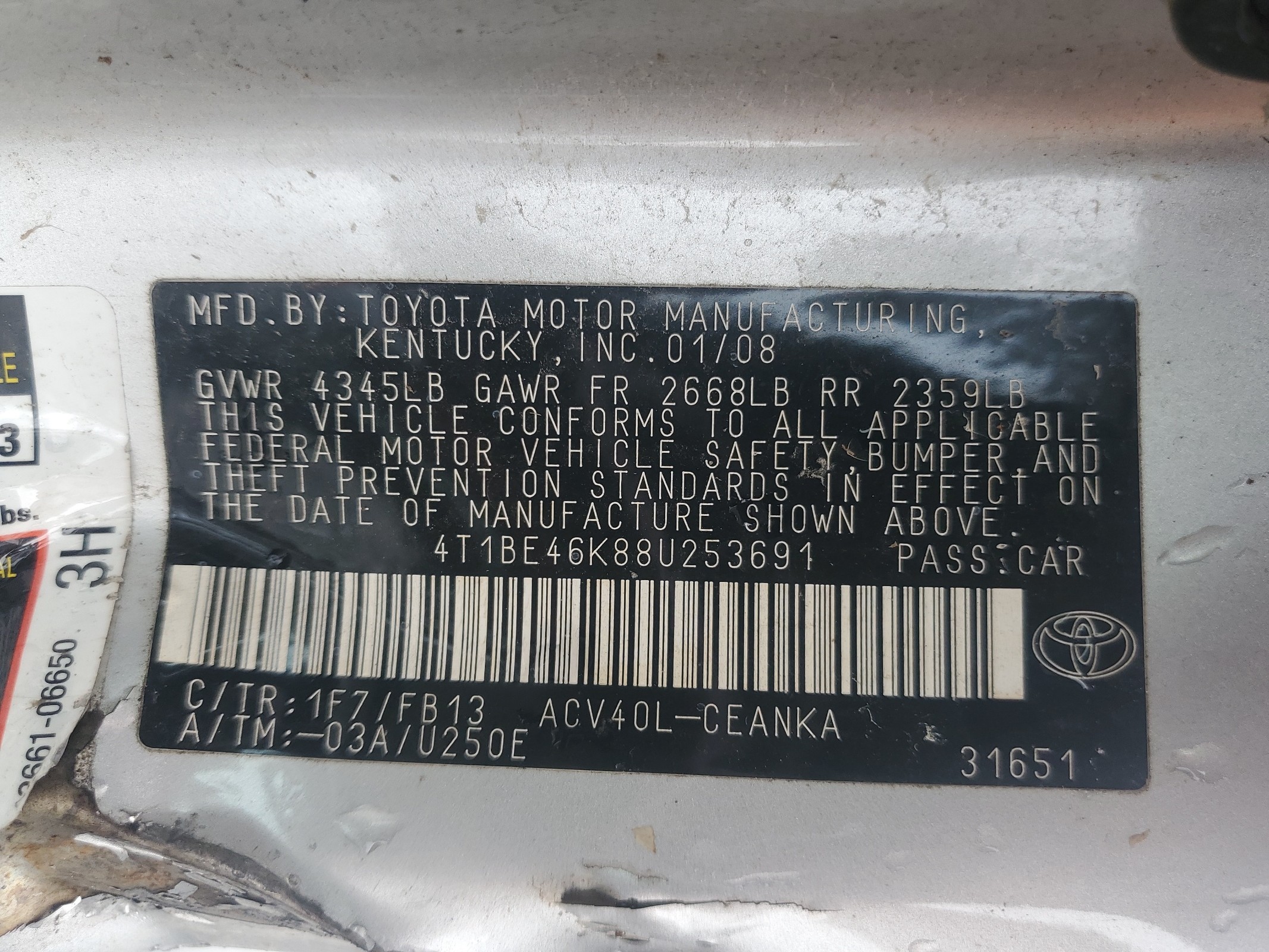 4T1BE46K88U253691 2008 Toyota Camry Ce