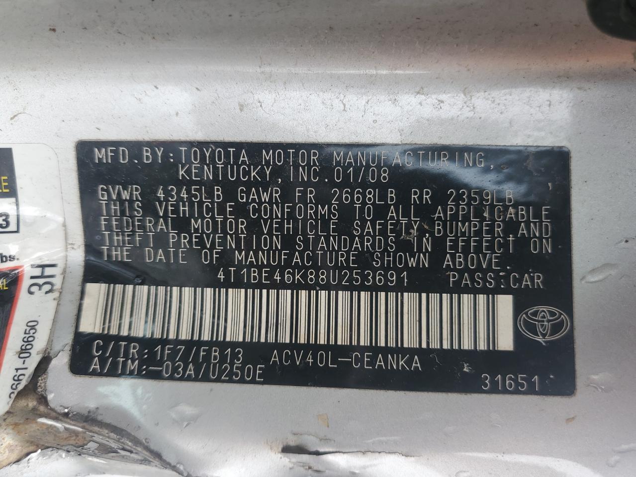 2008 Toyota Camry Ce VIN: 4T1BE46K88U253691 Lot: 59113534