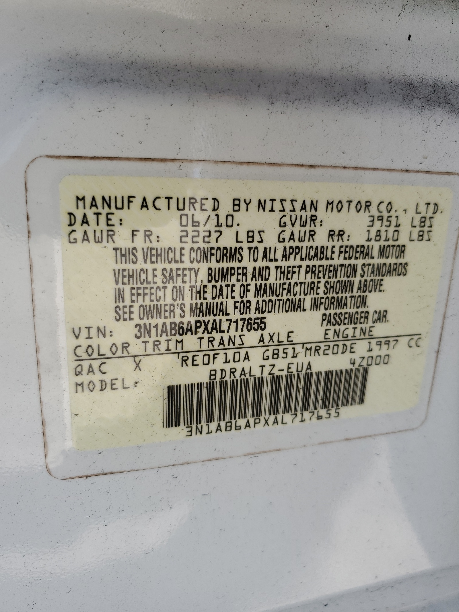 3N1AB6APXAL717655 2010 Nissan Sentra 2.0