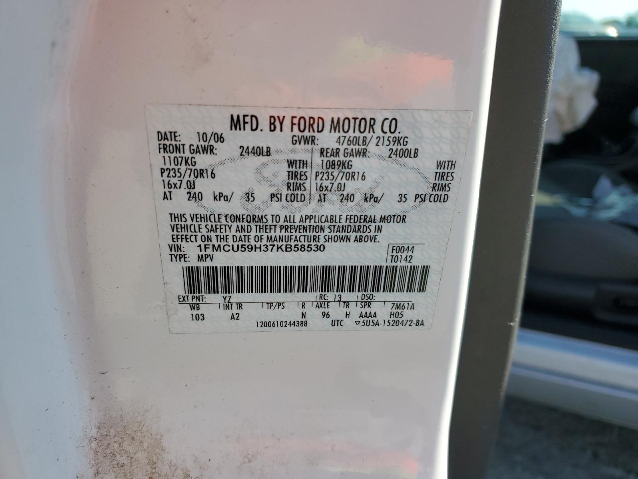 2007 Ford Escape Hev VIN: 1FMCU59H37KB58530 Lot: 62326534