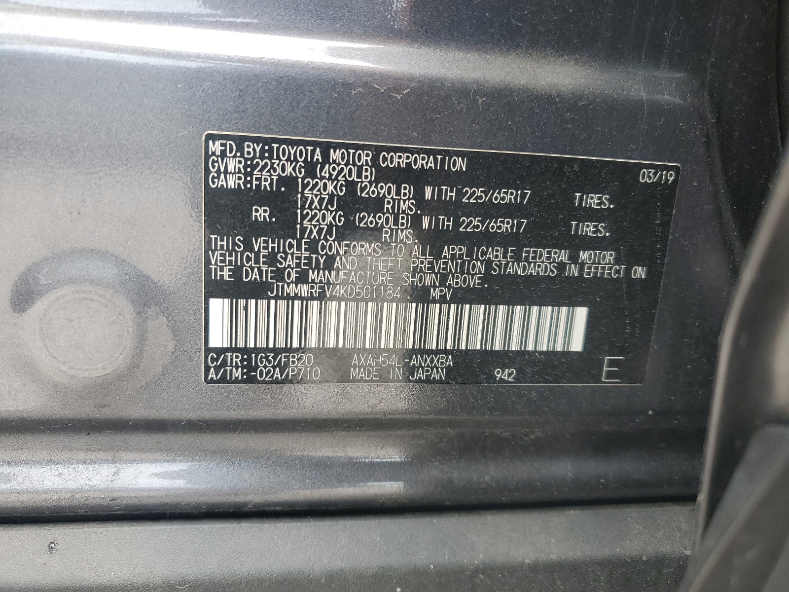 JTMMWRFV4KD501184 2019 Toyota Rav4 Le