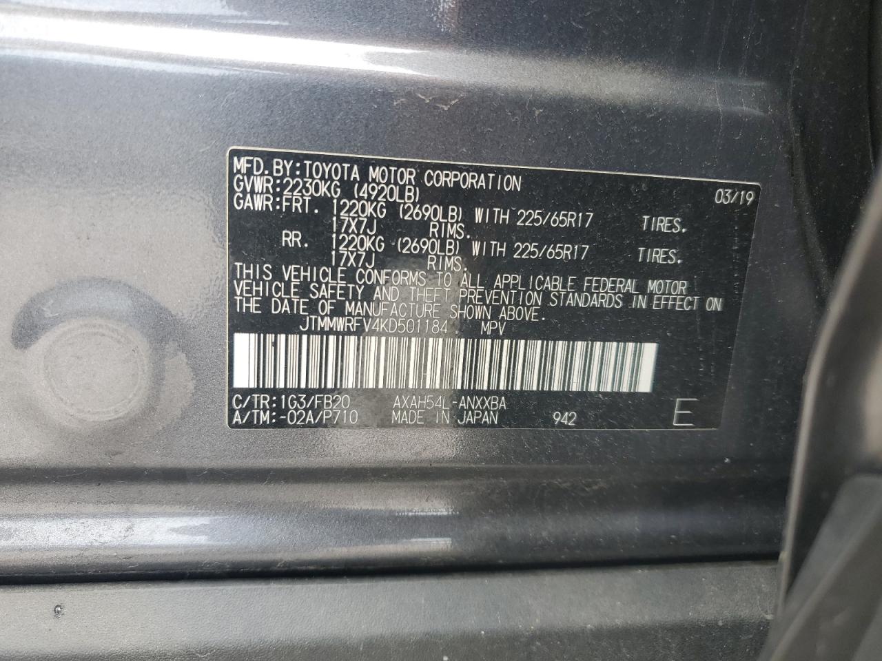 2019 Toyota Rav4 Le VIN: JTMMWRFV4KD501184 Lot: 63629584