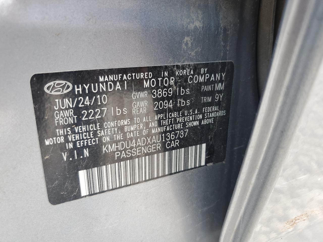 KMHDU4ADXAU136737 2010 Hyundai Elantra Blue