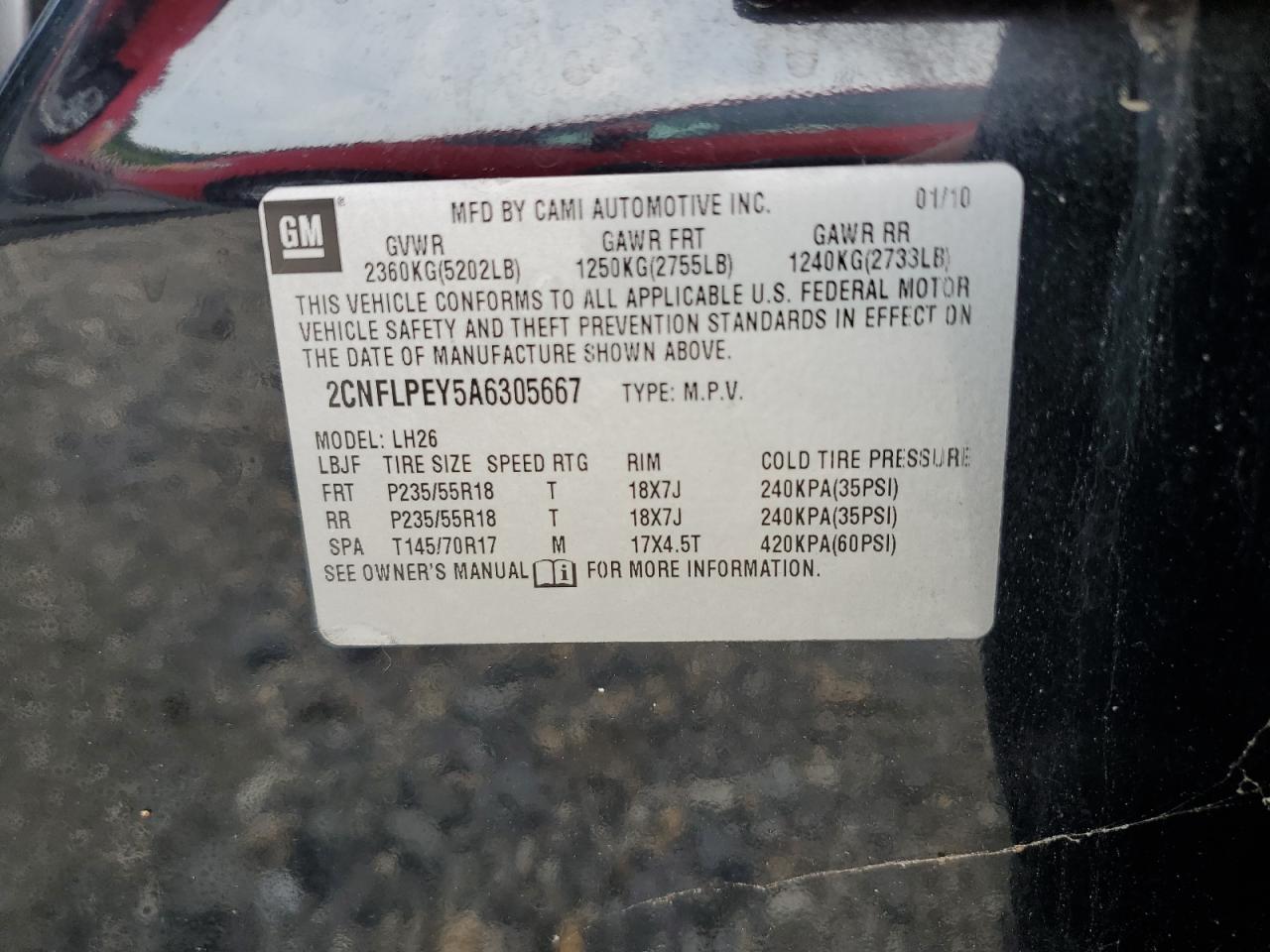 2010 Chevrolet Equinox Lt VIN: 2CNFLPEY5A6305667 Lot: 63513184