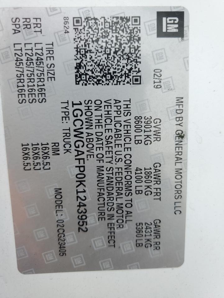 2019 Chevrolet Express G2500 VIN: 1GCWGAFP0K1243952 Lot: 67983084