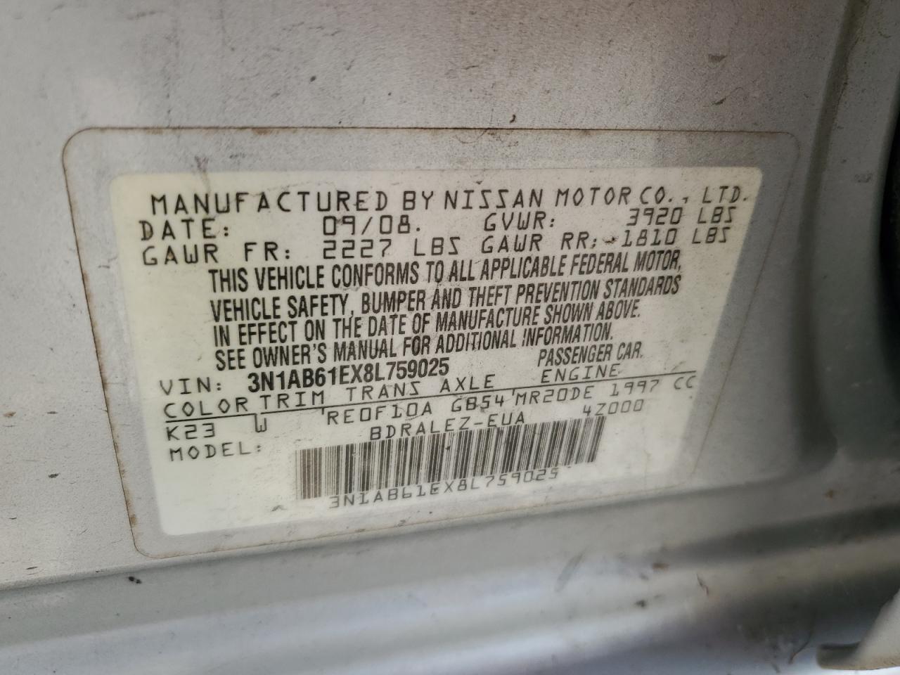 2008 Nissan Sentra 2.0 VIN: 3N1AB61EX8L759025 Lot: 63309614