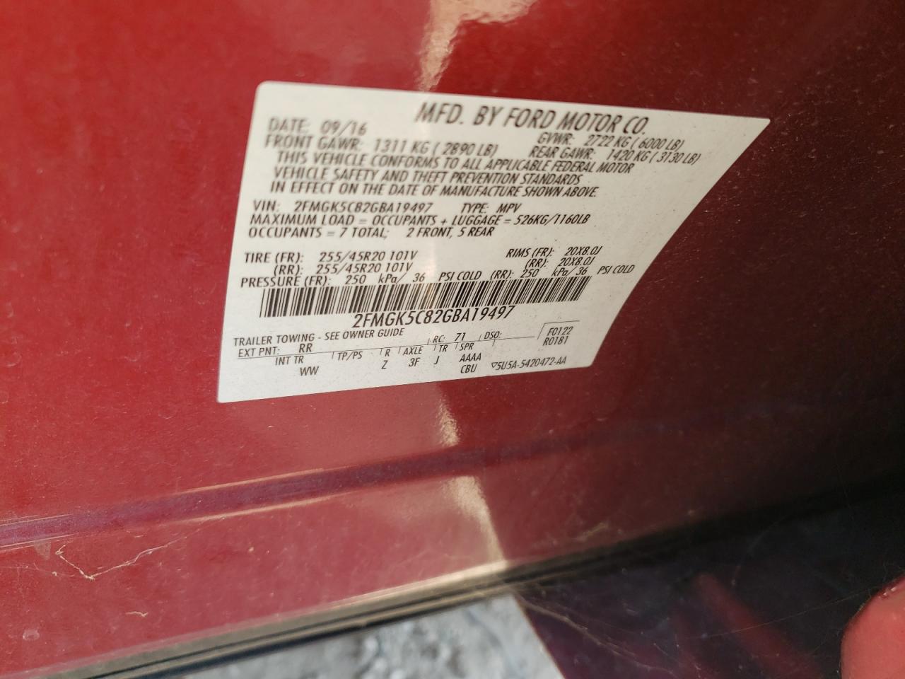 2016 Ford Flex Sel VIN: 2FMGK5C82GBA19497 Lot: 61233184