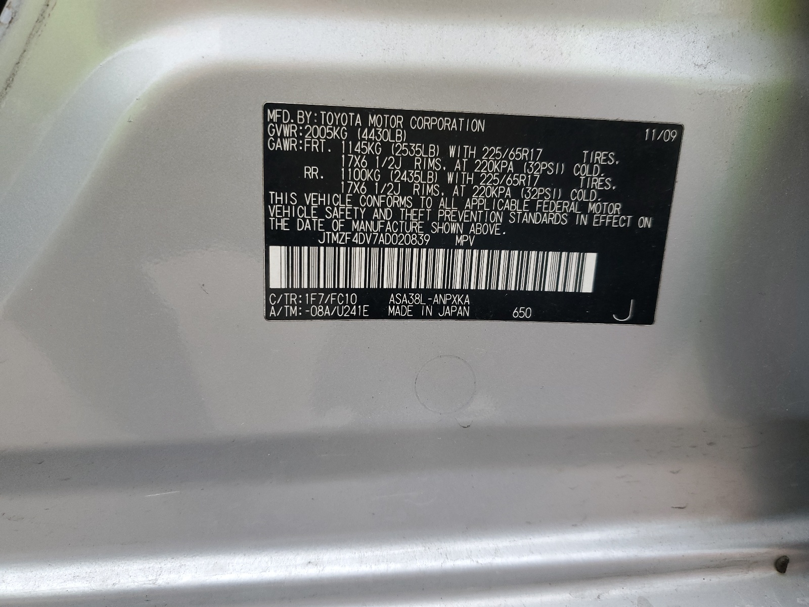 JTMZF4DV7AD020839 2010 Toyota Rav4